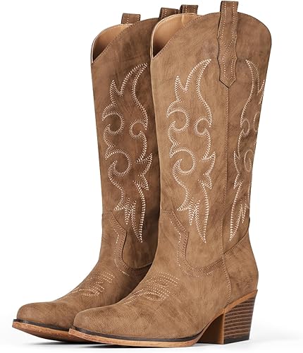 IUV Cowboy Boots For Women Western Boots Cowgirl Boots Pull On Pointy Toe Mid Calf Boots