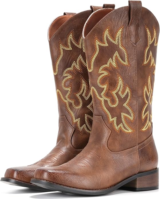 IUV Cowboy Boots For Women Square Toe Western Boots Mid Calf Cowgirl Boots Pull On Fashion Embroidered Cowboy Boots